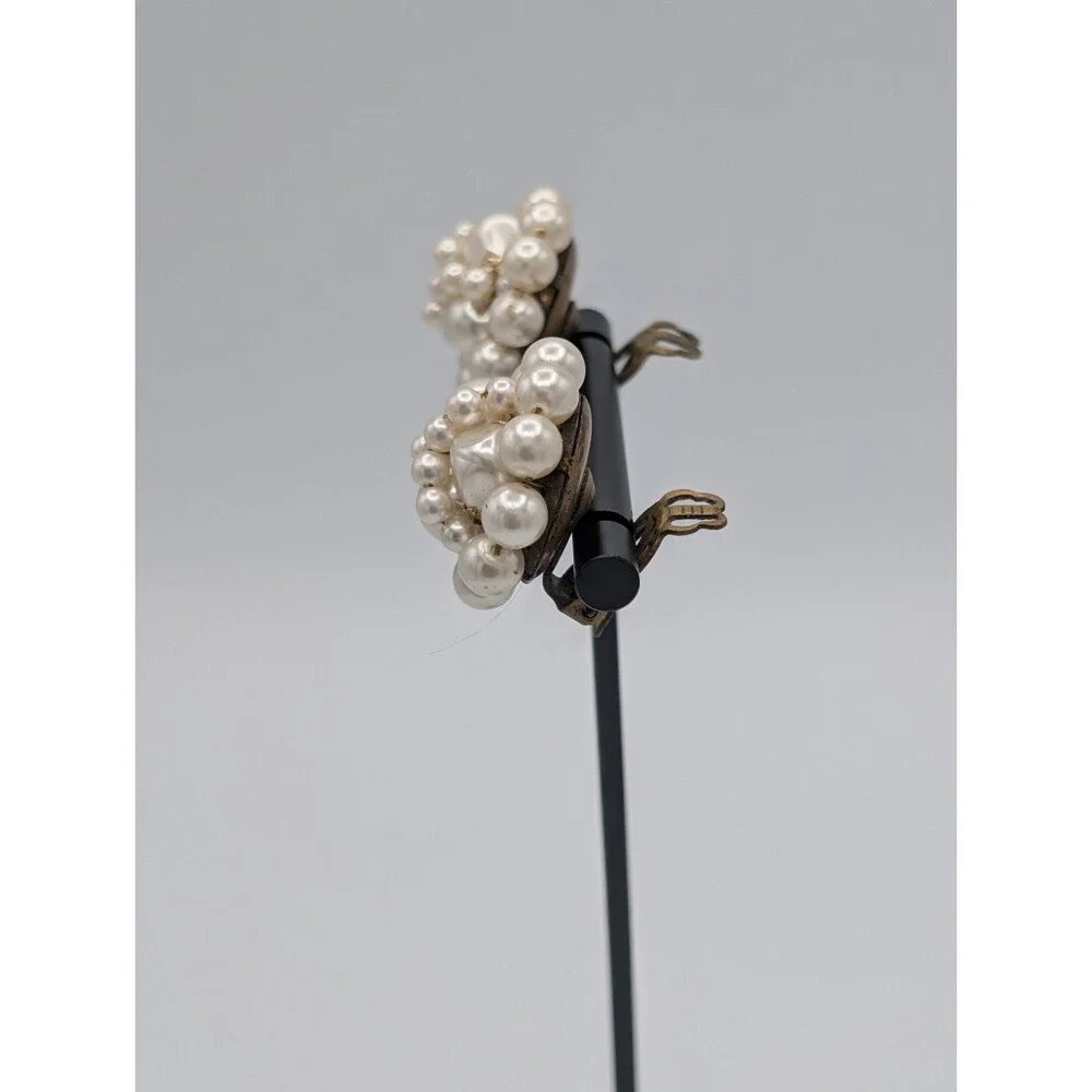 Vintage Faux Pearl Cluster Clip Earrings Brass Gold Tone MCM 1950s Japan Estate